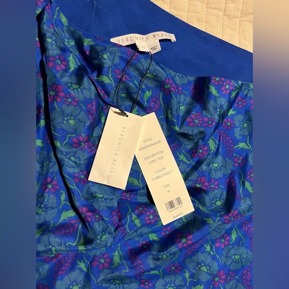 Veronica Beard Lyric Top Cobalt Multi Size 10 One Sleeve Floral Print Blouse - Picture 4 of 5